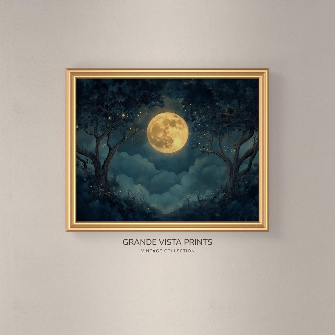 Golden Full Moon Between Twisted Trees Starry Midnight Forest Poster - Image 3