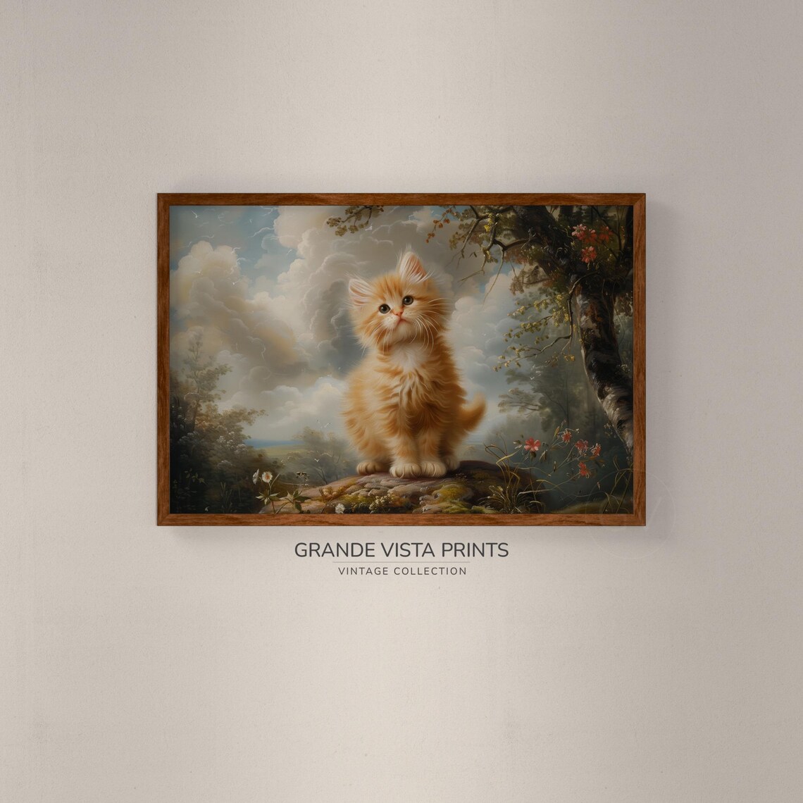 Fluffy Ginger Kitten On Rock Vintage Cute Cat Painting Animal Wall Art Poster - Image 2