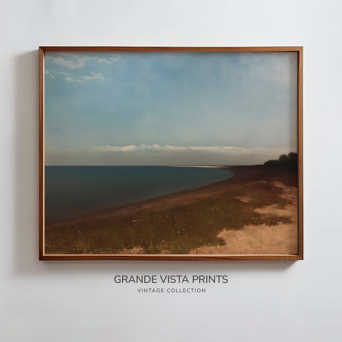 Coastal Meadow Green Sea Pale Blue Sky Vintage Landscape Wall Poster - Image 3