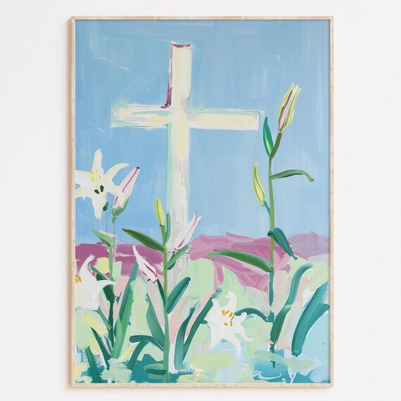 White Cross Among Easter Lilies Pastel Blue Sky Christian Art Poster