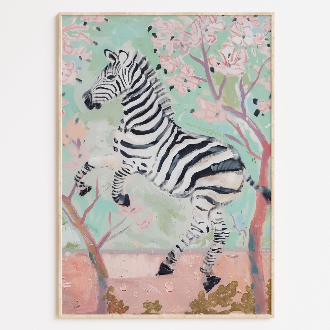 Happy Zebra Prancing Among Pink Cherry Blossoms Whimsical Poster