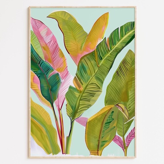 Vibrant Tropical Banana Leaf Pink Green Gold Botanical Artwork Wall Art