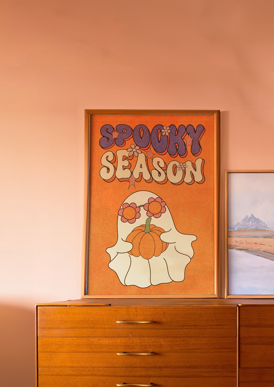 Retro Spooky Season Ghost Pumpkin Groovy Flower Orange Halloween Poster - Image 4