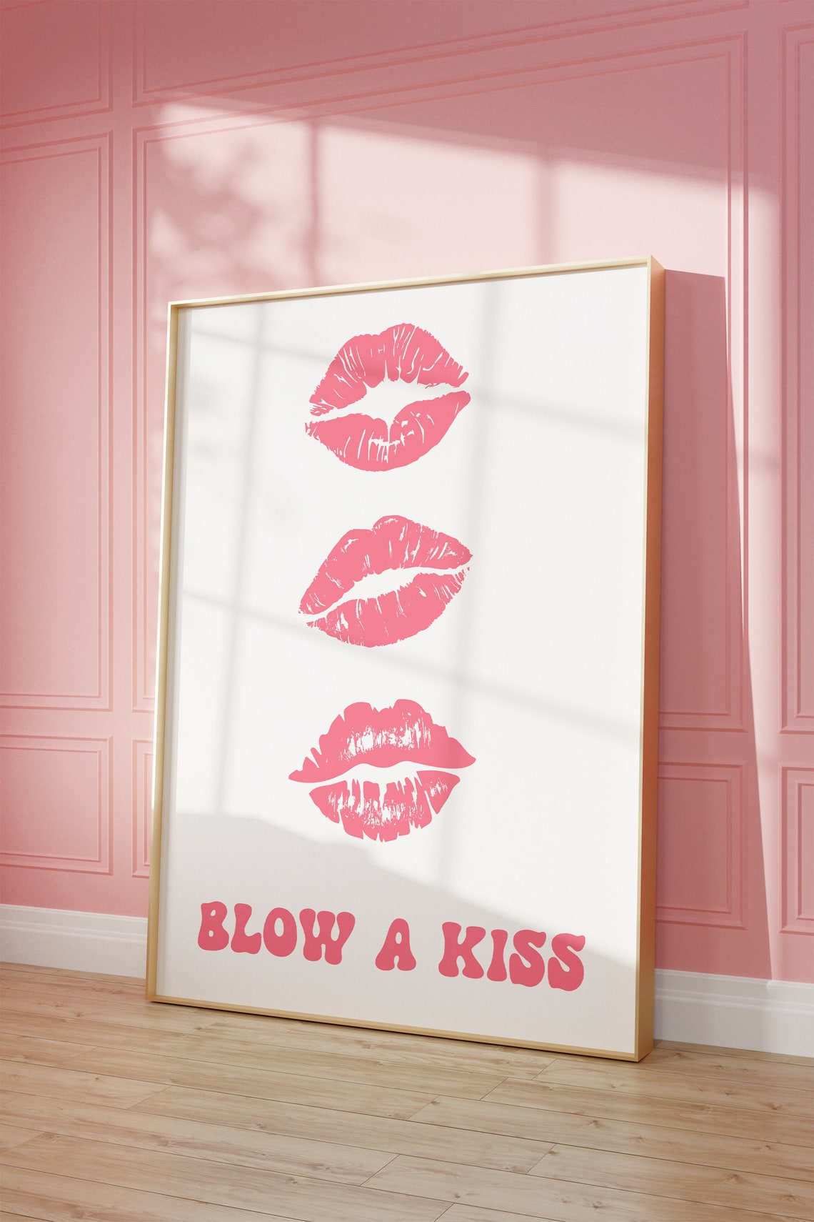 Blow a Kiss Pink Lipstick Kisses Retro Typography Trendy Wall Art - Image 4