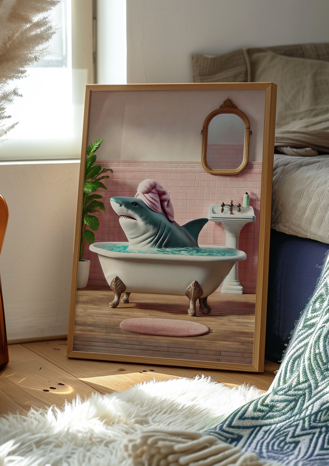 Shark in Bathtub Towel Turban Pink Bathroom Funny Animal Poster - Image 2