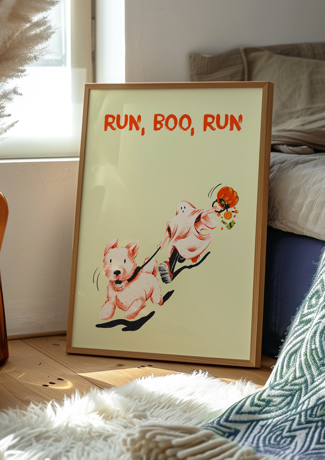 Run Boo Run Halloween Dog And Ghost Candy Chase Retro Wall Art - Image 2