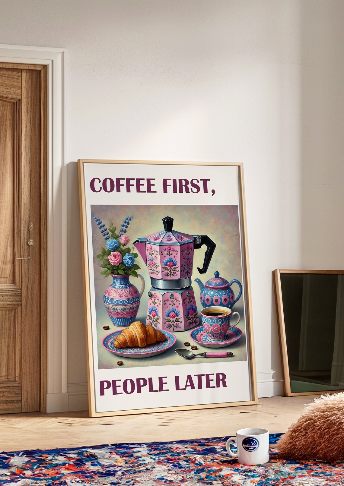 Coffee First People Later Funny Pink Floral Moka Pot Quote Poster - Image 4