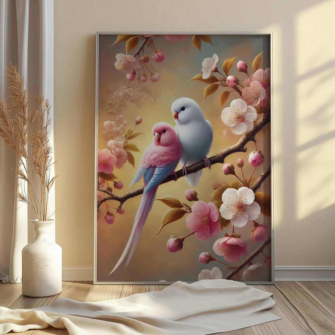 Love Birds Parakeets on Blossom Branch Romantic Bird Wall Art - Image 4