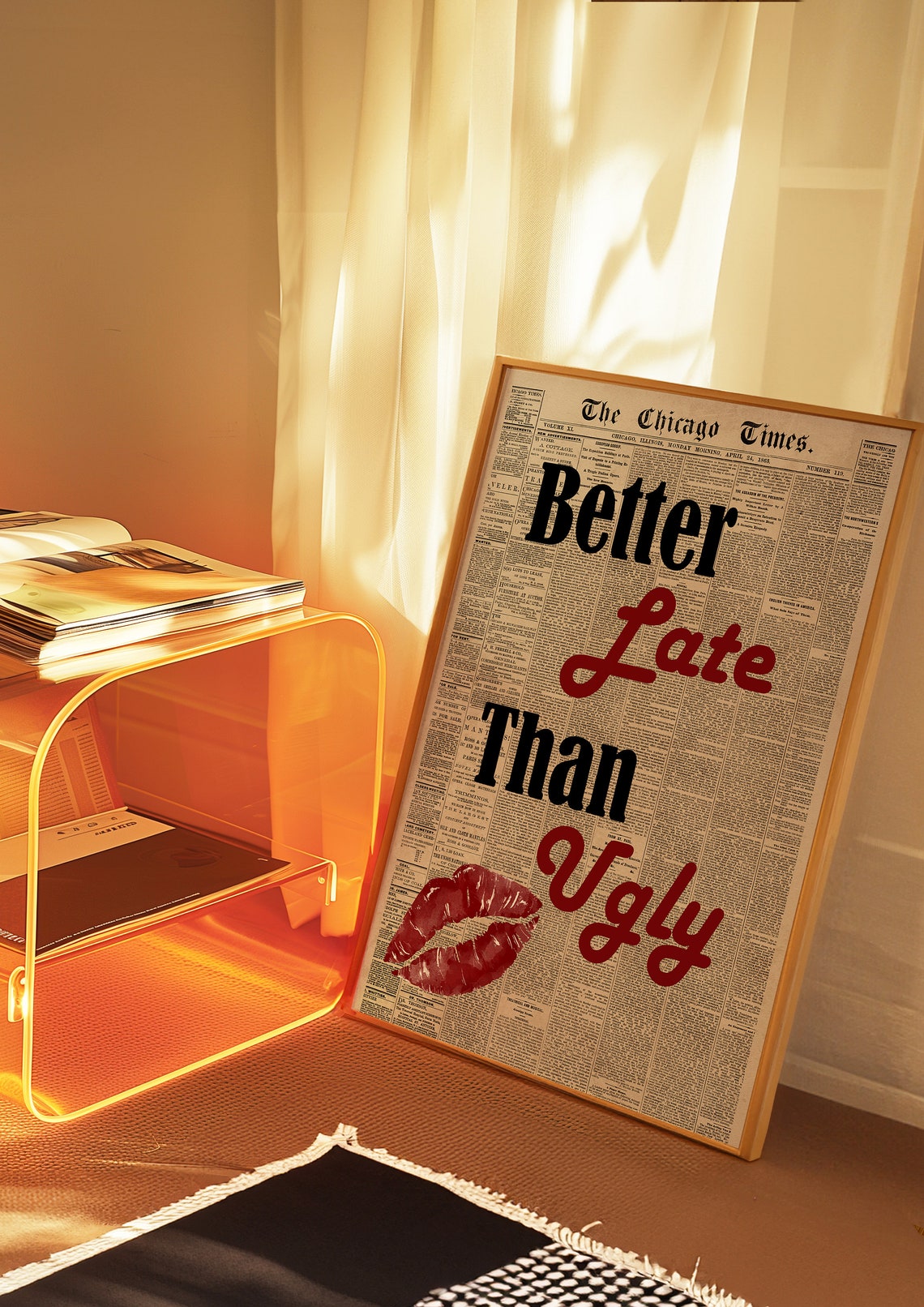 Better Late Than Ugly Vintage Newspaper Red Lips Quote Poster - Image 5