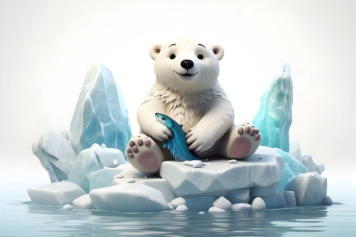 Polar Bear With Fish Wildlife Art Print