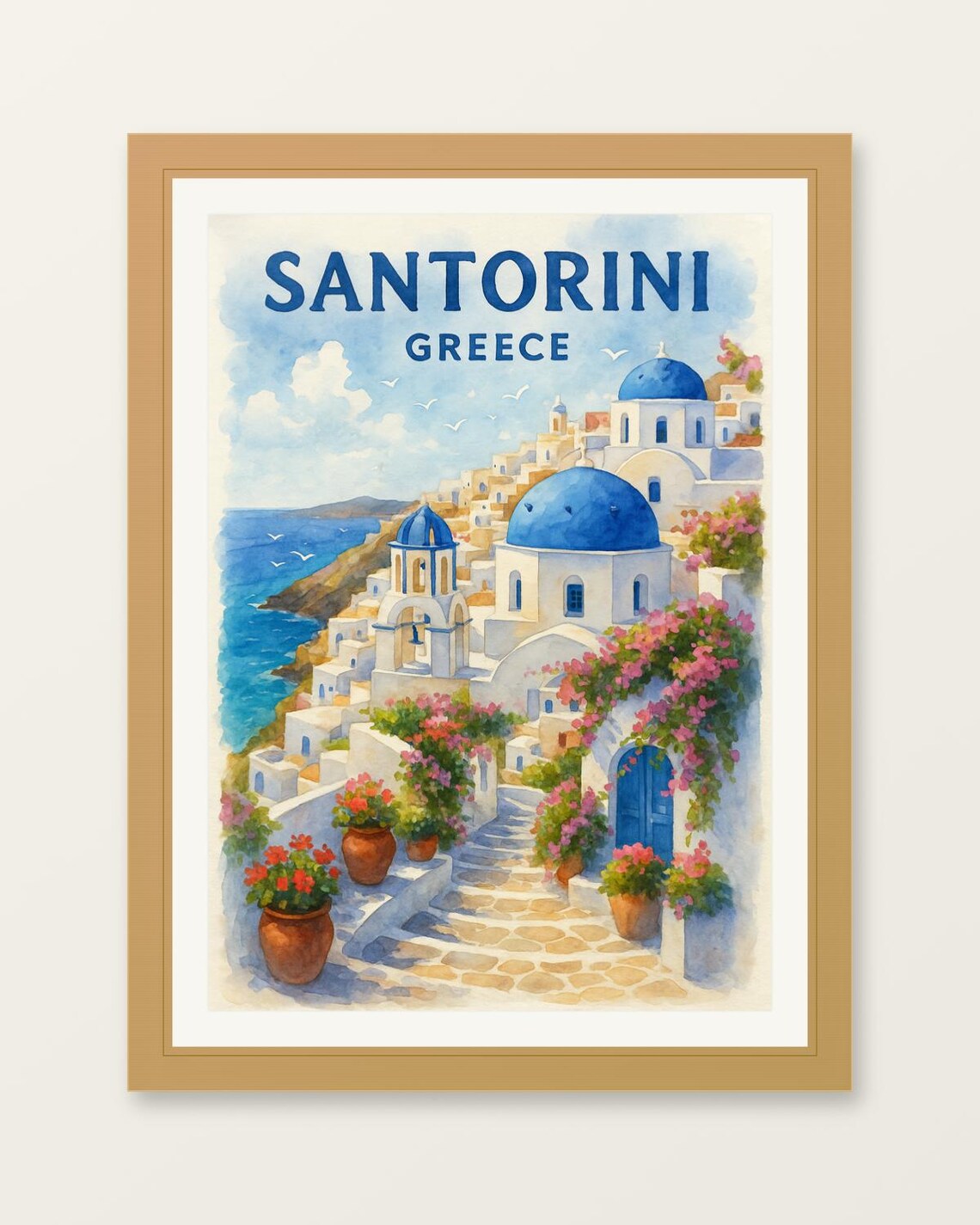 Santorini Greece Blue Domed Churches Bougainvillea Travel Poster