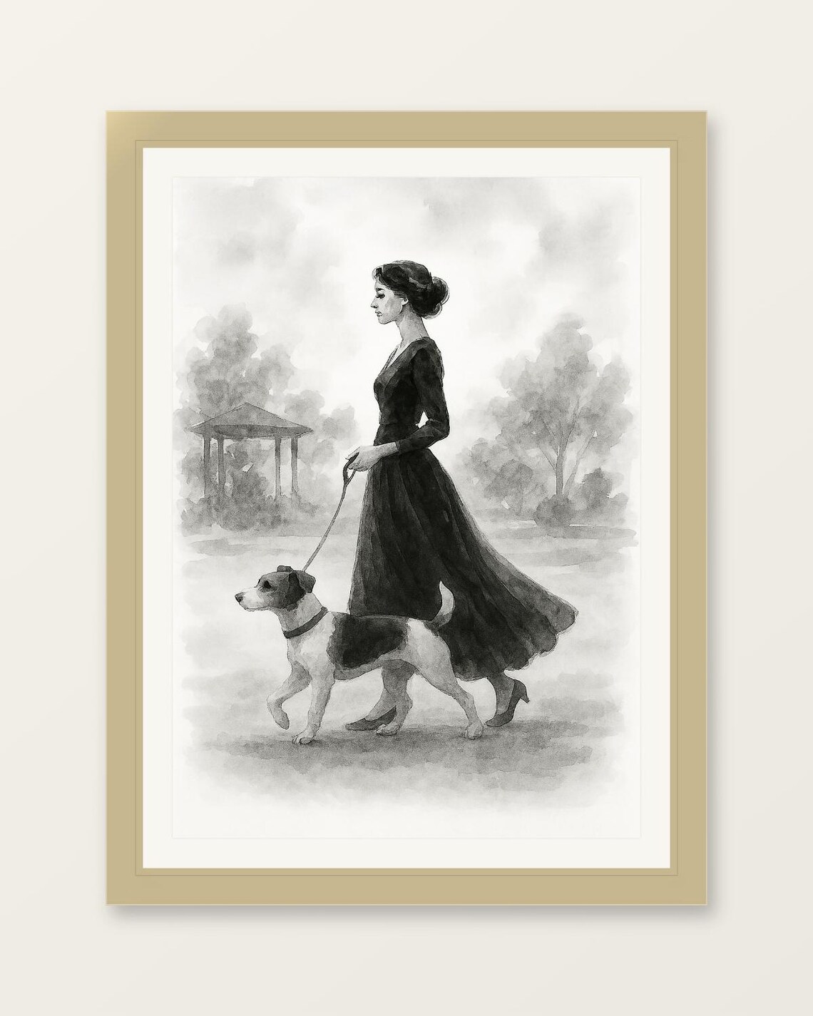 Lady in Black Dress Walking Terrier Park Gazebo Watercolor Art Poster