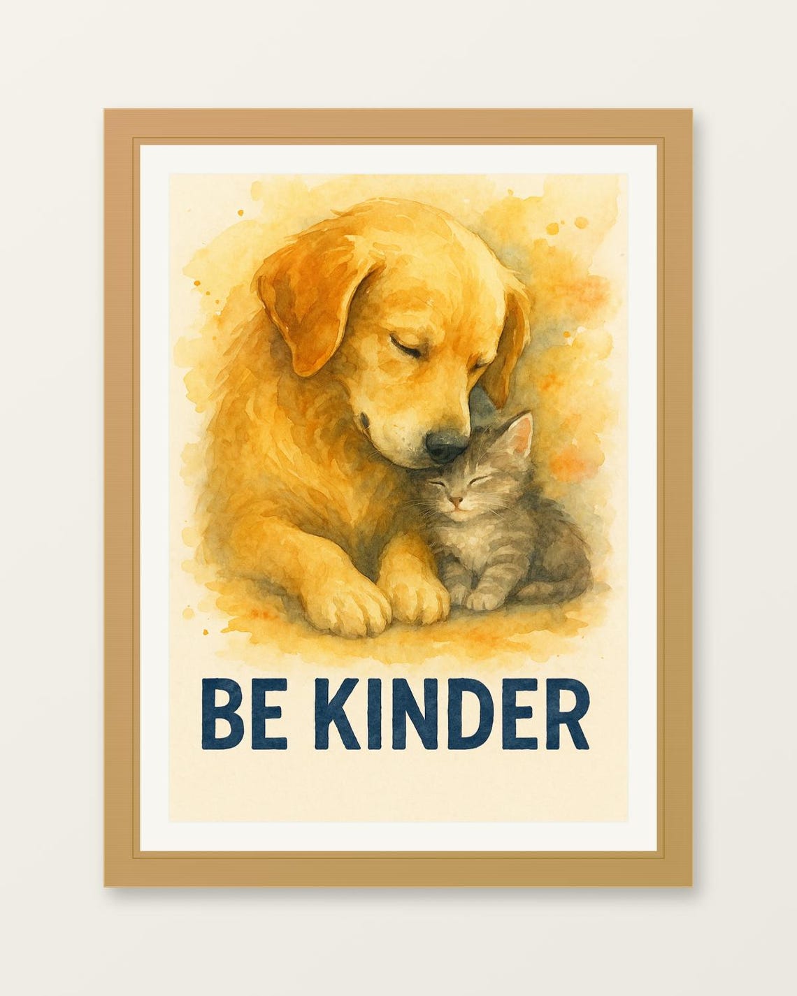 Be Kinder Golden Retriever and Kitten Watercolor Animal Poster