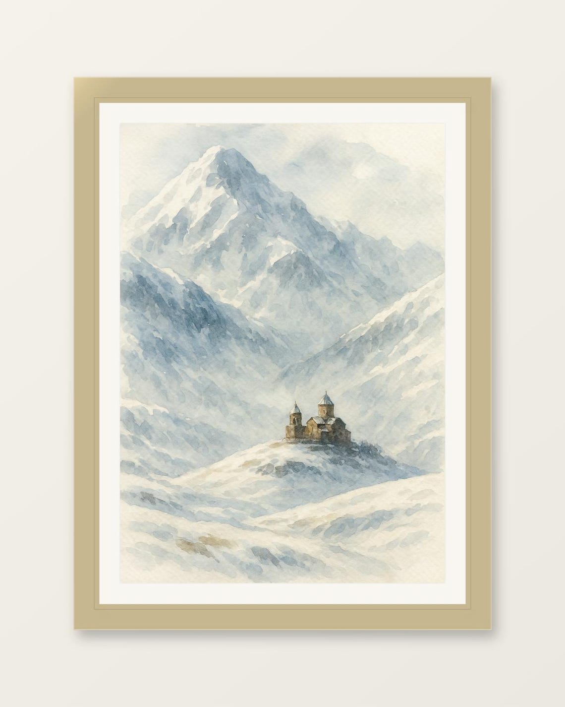 Kazbegi Georgia Snowy Mountain Monastery Watercolor Travel Poster