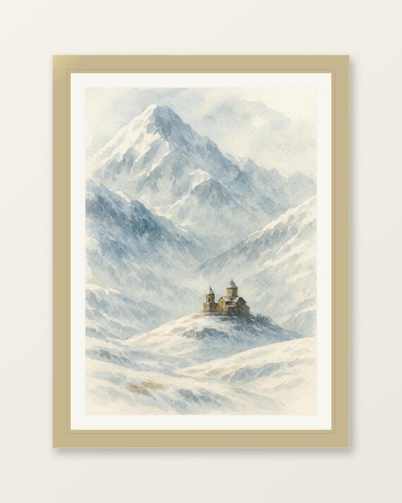 Kazbegi Georgia Snowy Mountain Monastery Watercolor Travel Poster