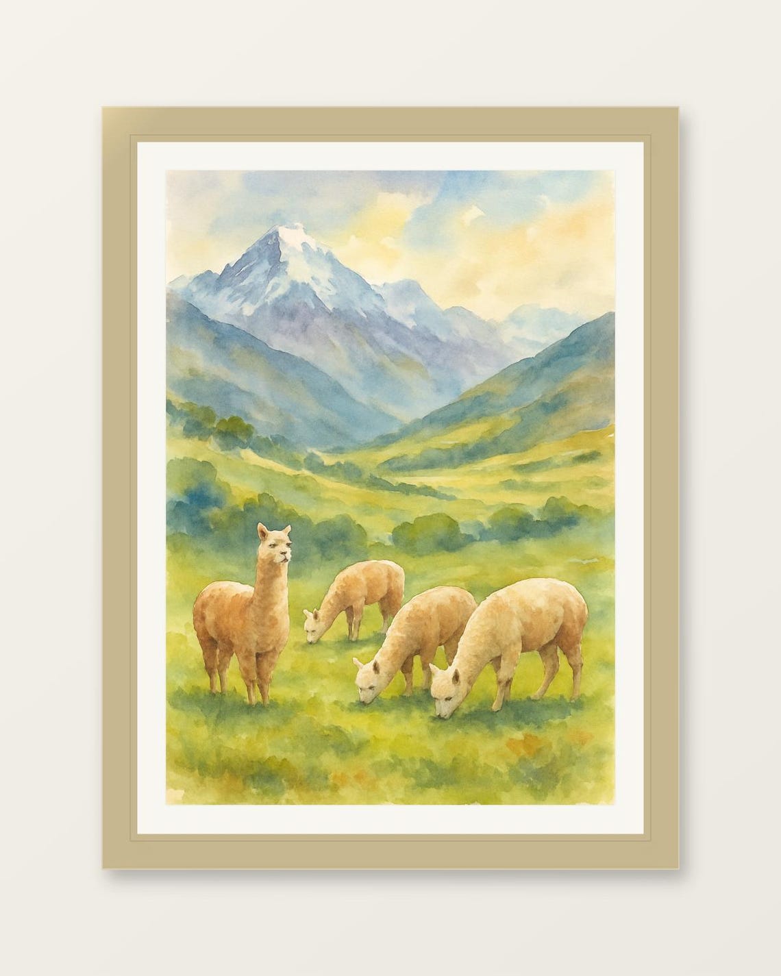 Peruvian Alpacas Grazing Andes Pasture Watercolor Mountain Wall Art