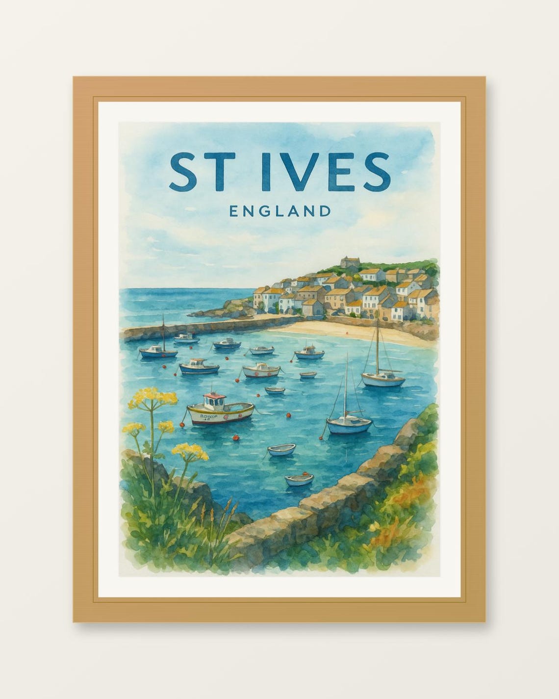 St Ives England Watercolor Harbor Boats Cornish Coastal Travel Poster