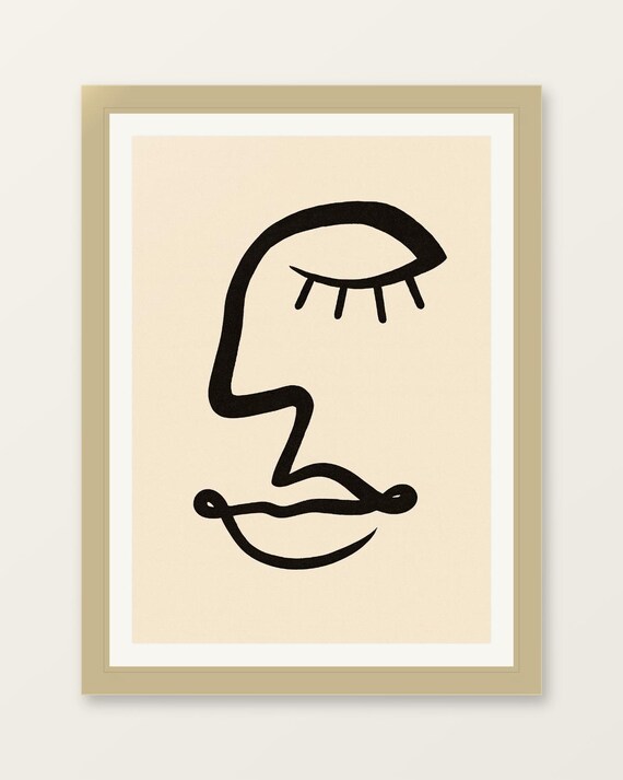 Minimalist Line Face Art Print Abstract One Drawing Poster In Beige
