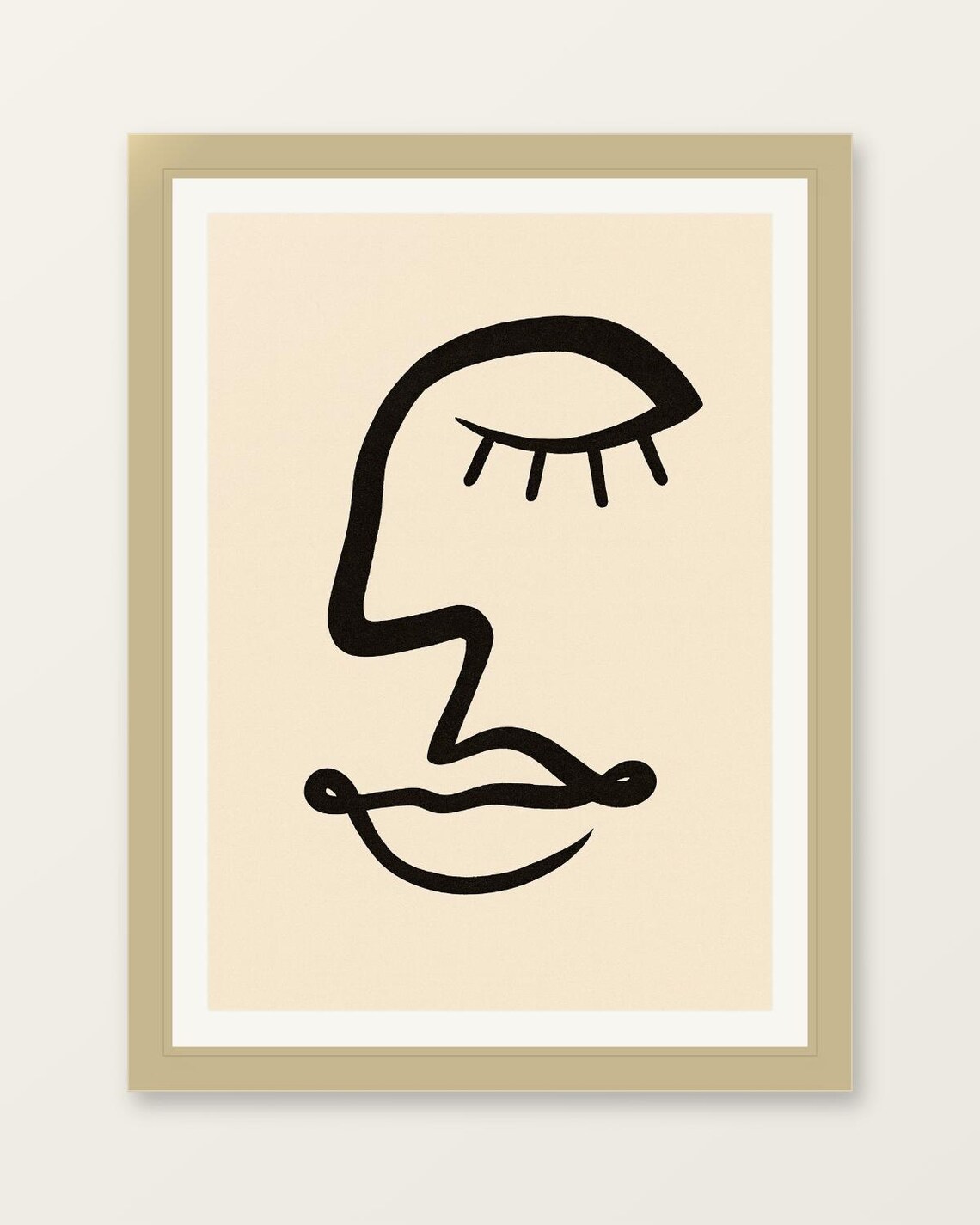 Minimalist Black Line Face Abstract One Drawing Beige Modern Art Poster