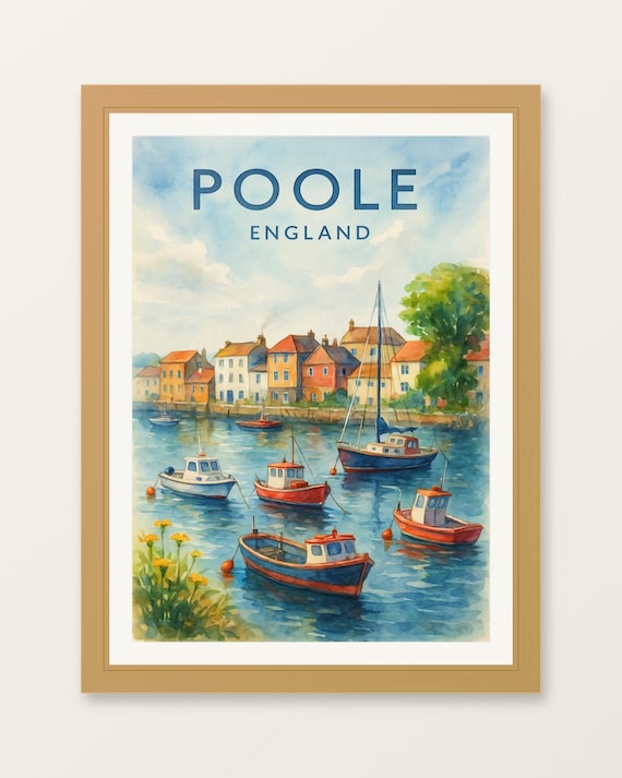 Poole England Harbor Boats Quayside Cottages Watercolor Travel Poster
