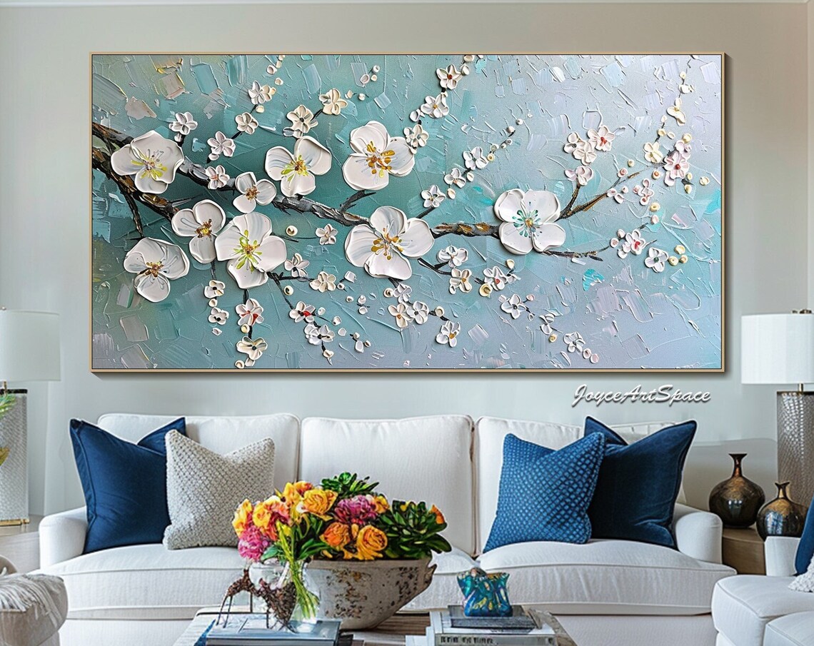 White Blossom Branch Textured 3D Floral Oil Painting Spring Poster