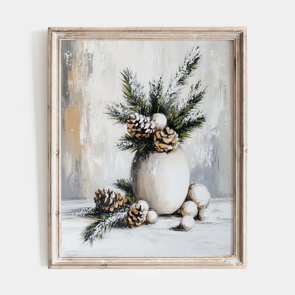 Winter Still Life White Vase Pinecones Frosted Greens Poster