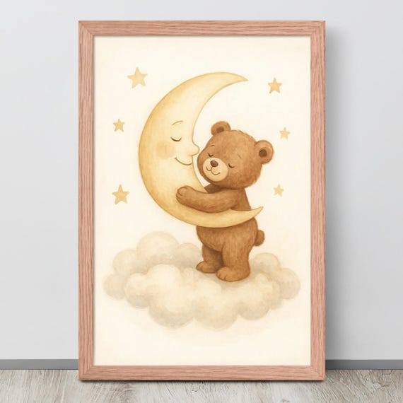 Teddy Bear Hugging The Moon, Nursery Watercolor Decor