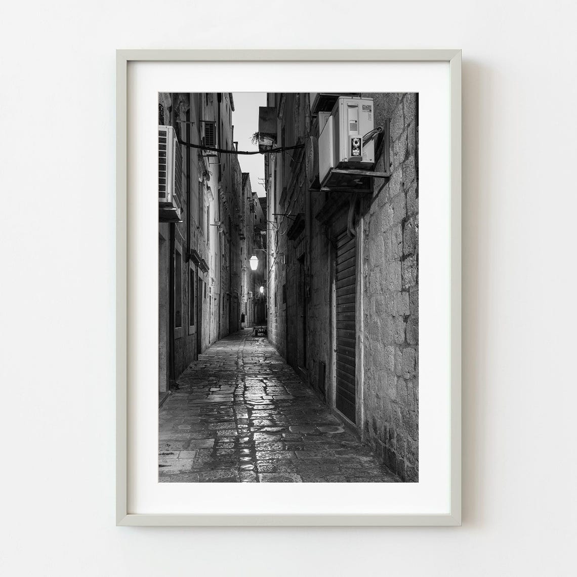 Old Town Cobblestone Alley Black And White Street Photo Poster