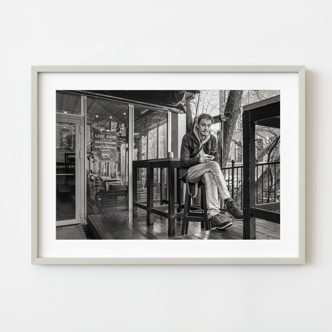 Young Man Outside City Cafe Black And White Street Photo Poster