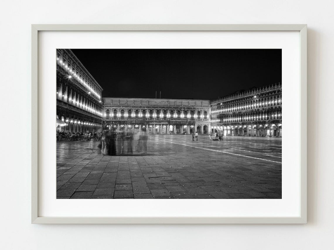 Venice St Marks Square Night Illuminated Black White Photo Poster