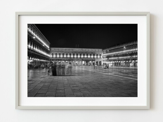 Venice St Marks Square Night Illuminated Black White Photo Poster