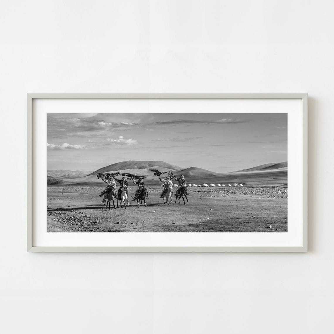 Mongolian Eagle Hunters Horseback Steppe Black White Photo Poster