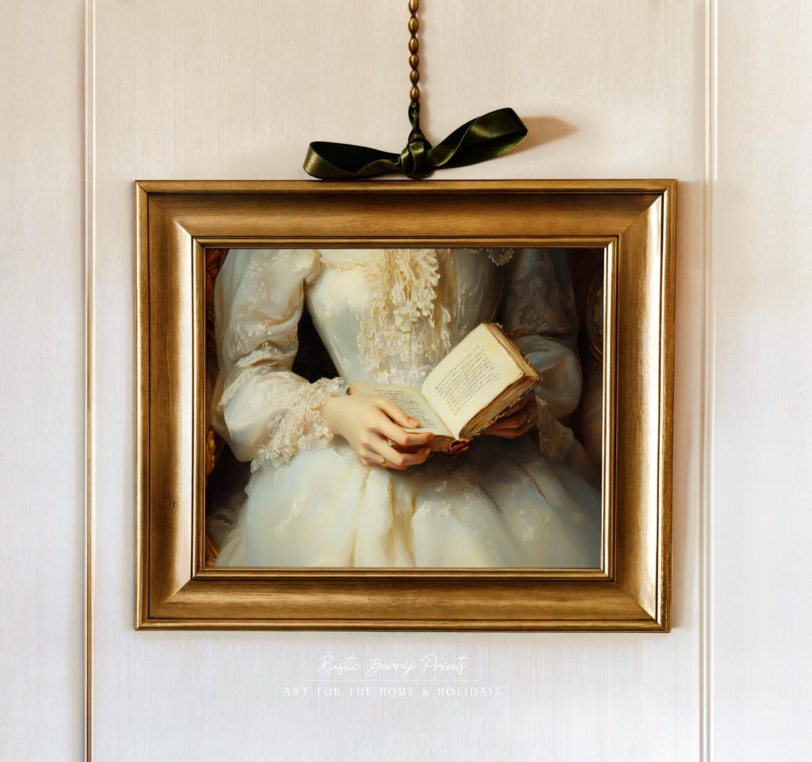 Victorian Book Reader Antique White Lace Lady Portrait Art Print