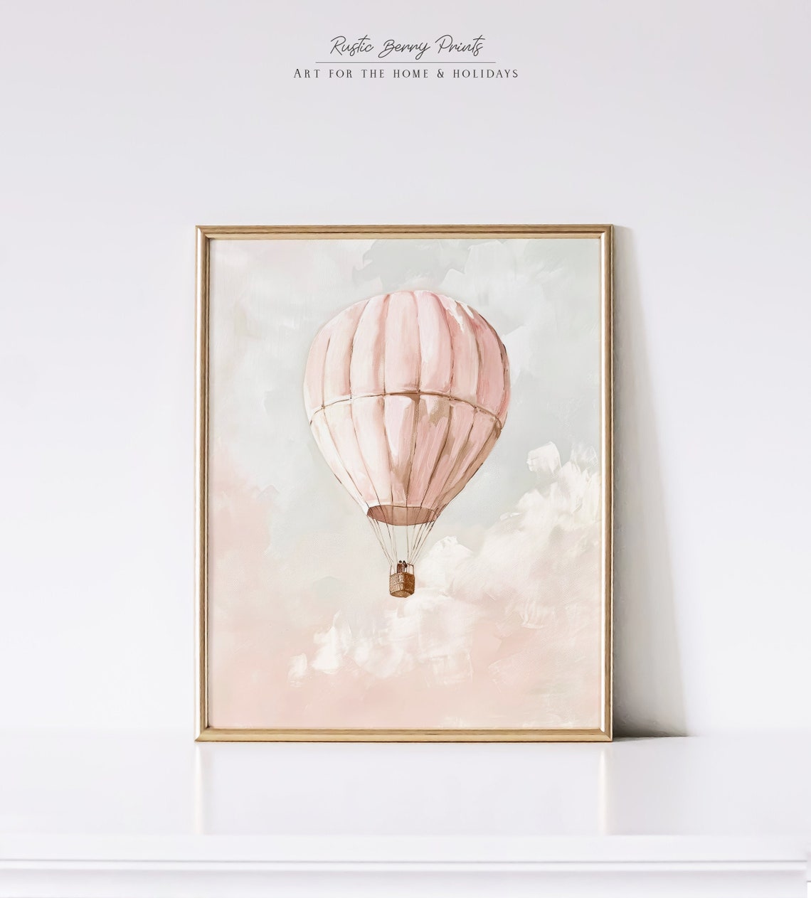 Pink Hot Air Balloon Drifting Clouds Vintage Cottagecore Nursery Print