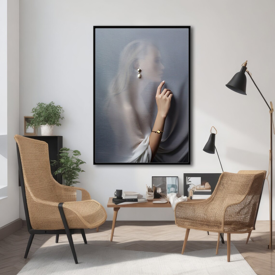 Elegant Woman Behind Glass, Modern Painting - Image 4