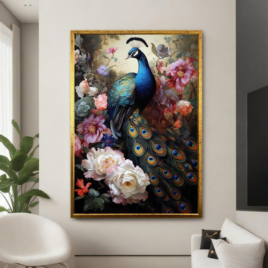 Peacock With Blooming Flowers, Elegant Animal Art - Image 5