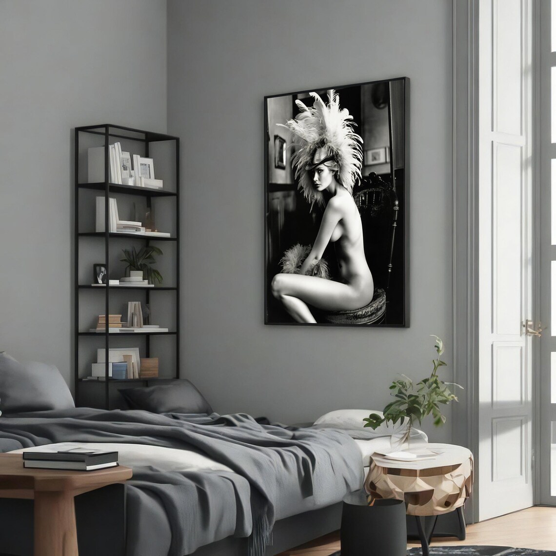 Vintage Allure Nude Woman Feather Hat, Elegant Art Print