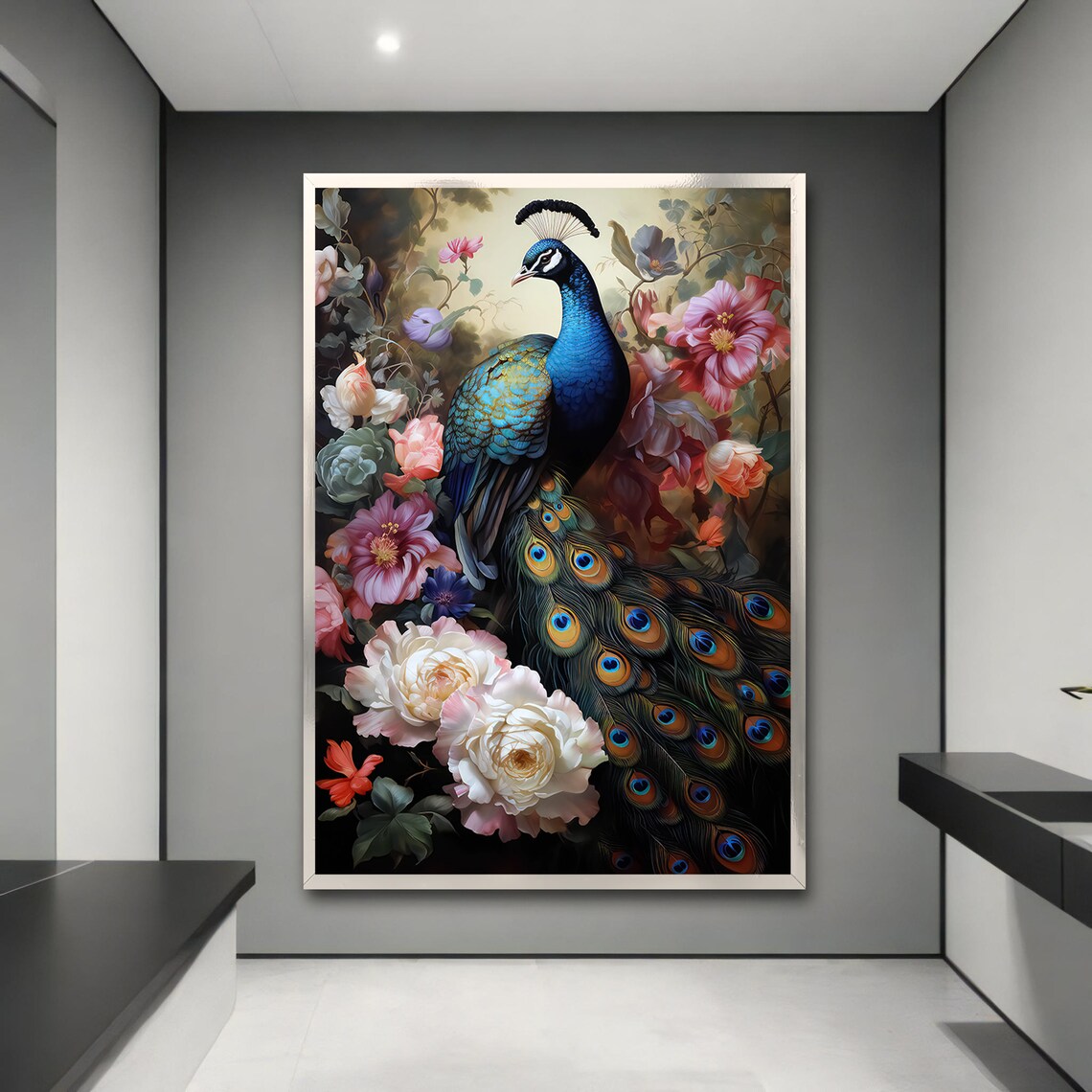 Peacock With Blooming Flowers, Elegant Animal Art - Image 3