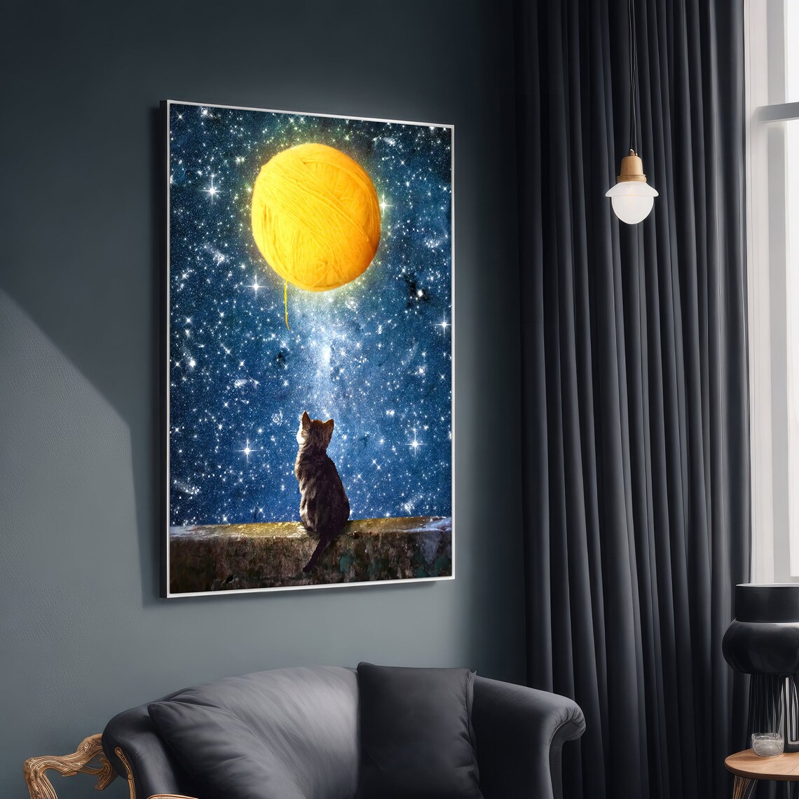 Dreamy Cat And Yarn Moon Painting, Whimsical
