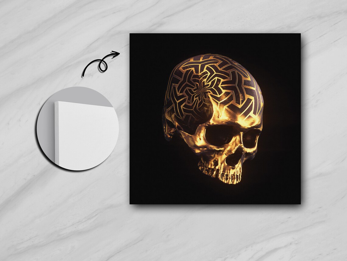 Golden Skull With Triangular Spirals, Mystery Art Print