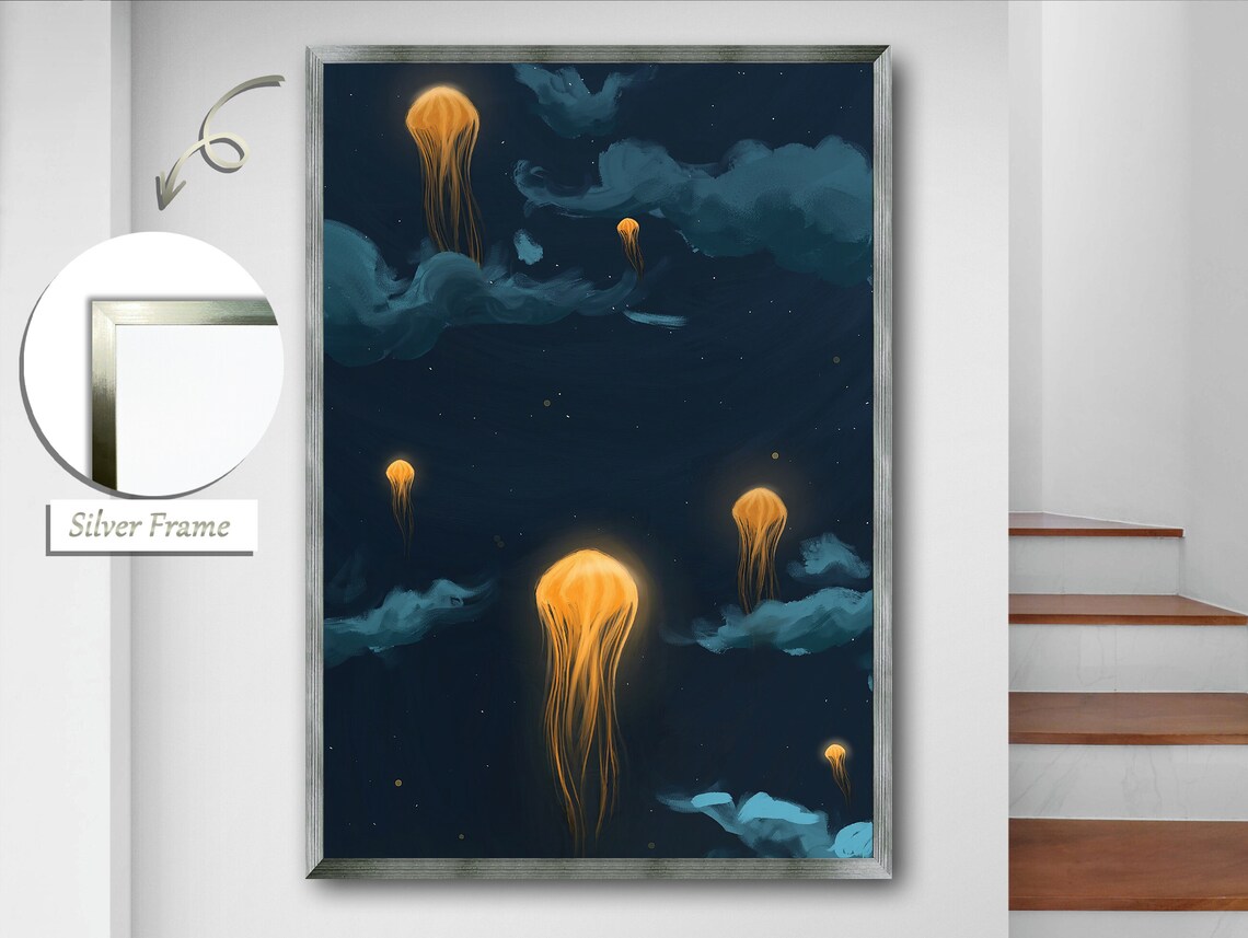 Jellyfish Rising To The Sky, Surreal Sea Life Art Print - Image 2