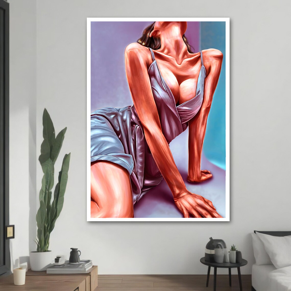 Seductive Woman in Silk Dress, Modern Painting - Image 2