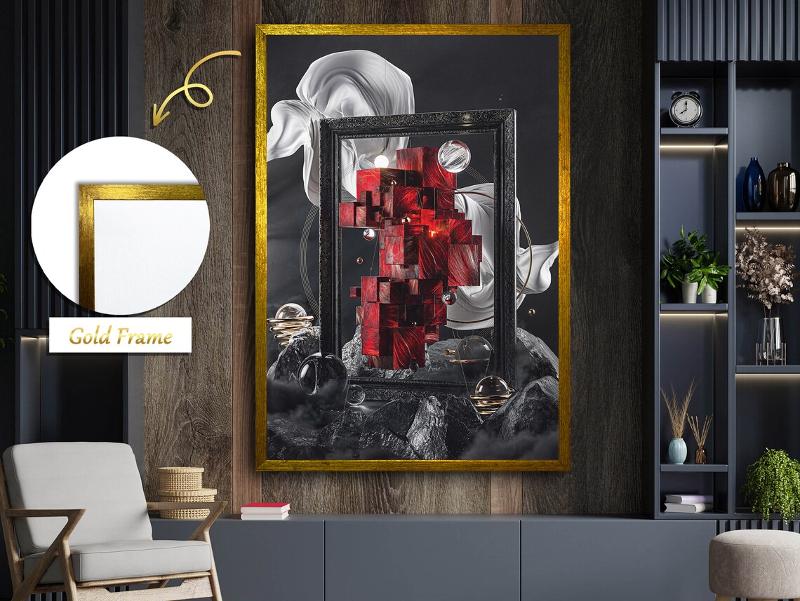 Red Cube Geometric Abstraction, Mixed Media Art - Image 5