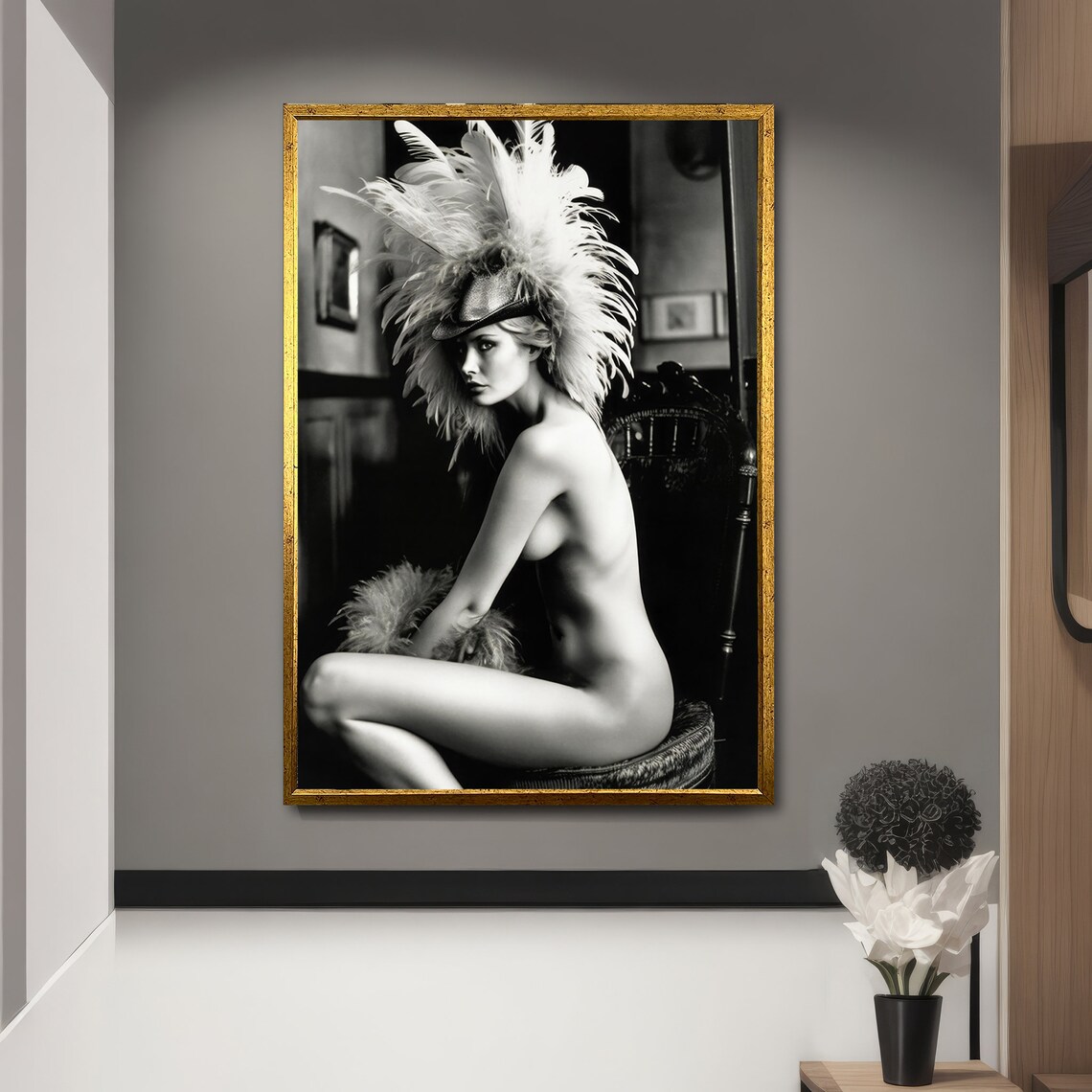 Vintage Allure Nude Woman Feather Hat, Elegant Art Print - Image 5