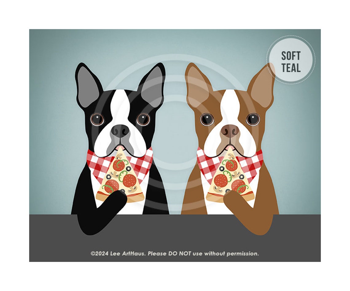Two Boston Terriers Eating Pizza With Checkered Bibs Dog Art Poster - Image 4