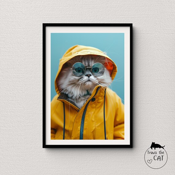 Cat in Yellow Raincoat and Round Glasses Cute Rainy Day Fun Poster
