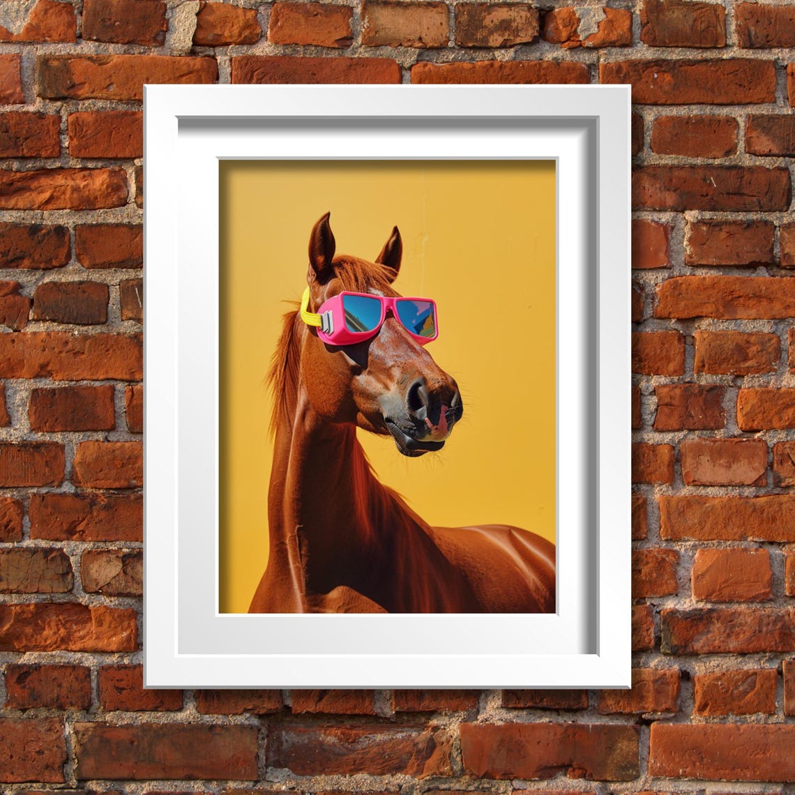 Chestnut Horse in Pink Ski Goggles on Bright Yellow Pop Art Poster