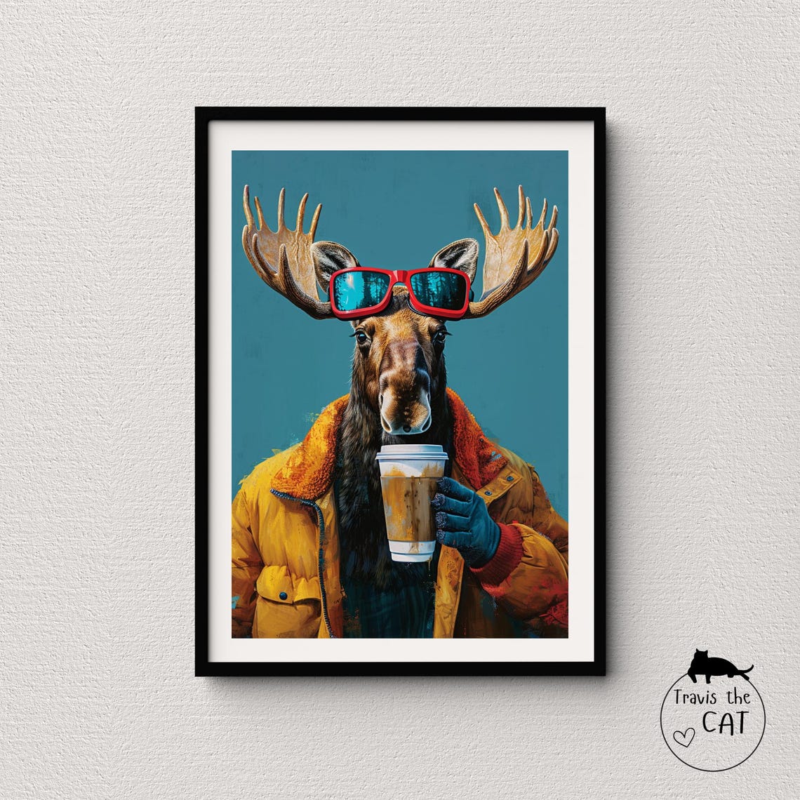 Moose in Ski Goggles and Puffer Jacket Drinking Coffee Funny Poster