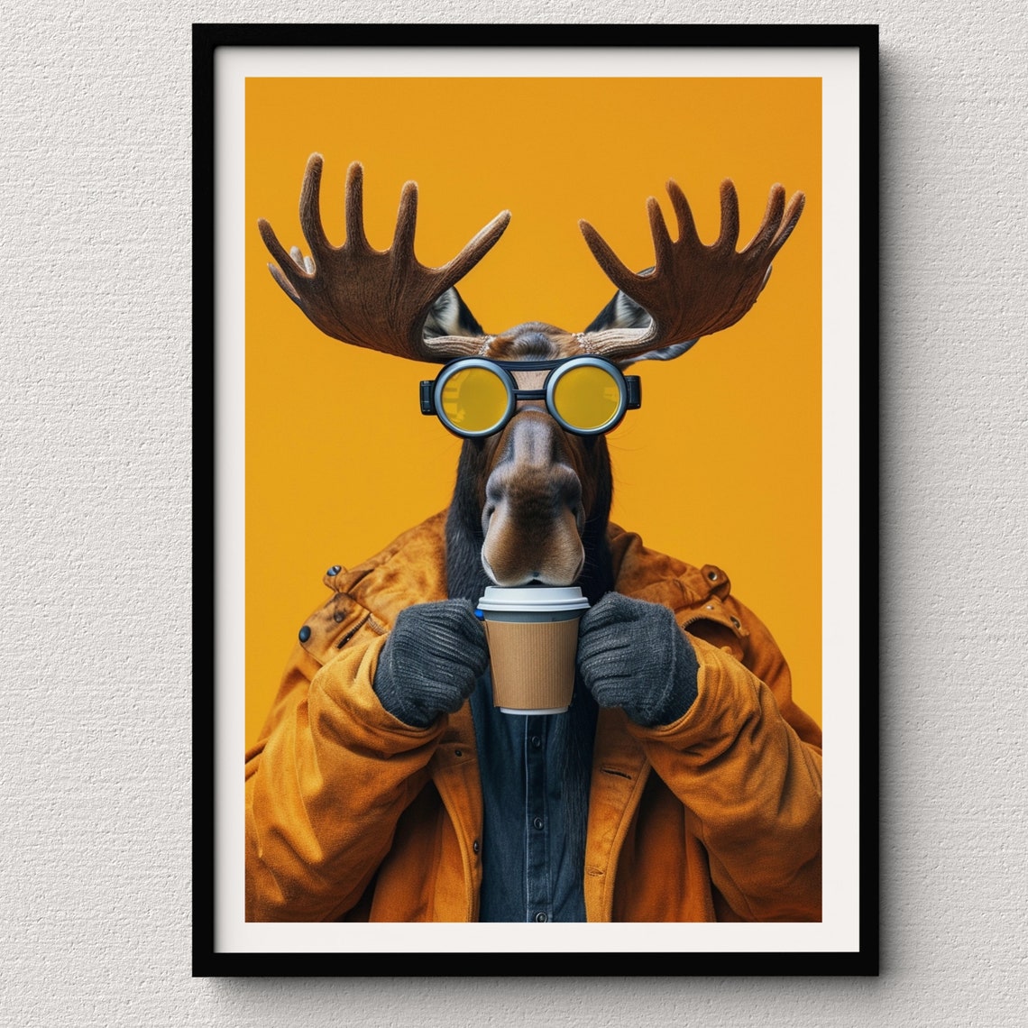 Moose in Yellow Goggles and Orange Jacket Holding Coffee Fun Poster