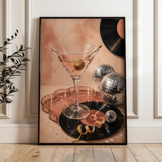 Martini Disco Ball Poster Vinyl Record Cocktail Blush Pink Retro Bar Wall Art